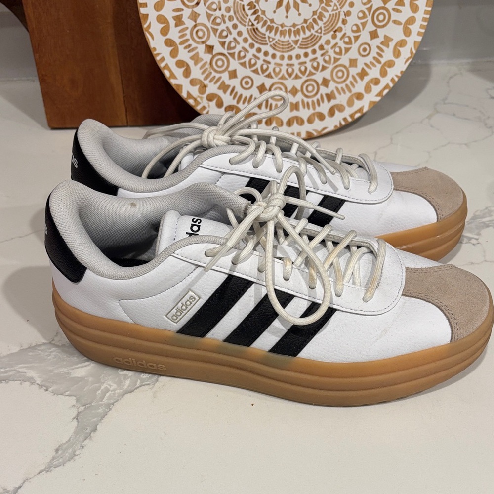 Adidas White and Black Platform Sneakers with Tan Sole
